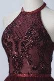 Halter Burgundy Lace Appliqued Tulle Short Homecoming Dresses