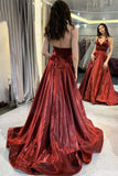 Burgundy A-Line V-Neck Satin Formal Dress Thin Straps Evening Dress Long Prom Dress