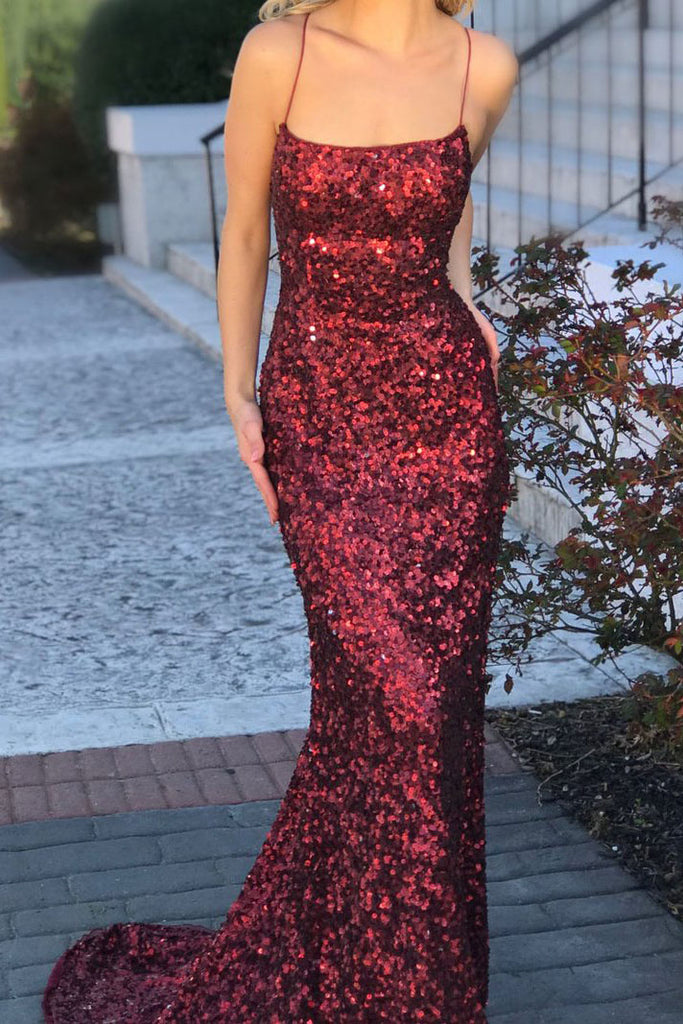 Spaghetti Straps Burgundy Mermaid Backless Long Sparkly Sequins Prom Dresses,N731