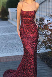 Spaghetti Straps Burgundy Mermaid Backless Long Sparkly Sequins Prom Dresses,N731