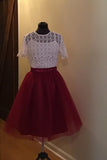 Burgundy Short Homecoming Dress with Top Lace, Cute Short Prom Dress with Lace N1664