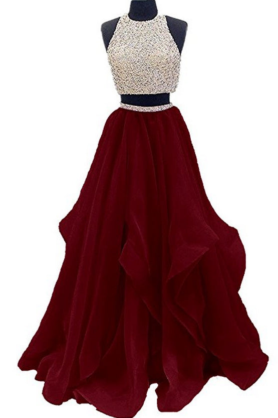 Burgundy Two Piece Floor Length Prom Dress Beaded Open Back Sequin Party Dress N1491