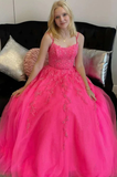 Hot Pink A Line Lace Appliques Spaghetti Straps Prom Dress