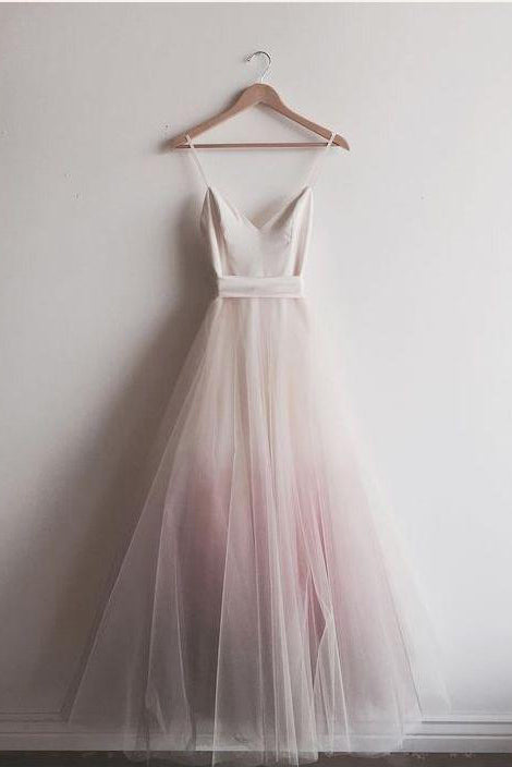 Pink Ombre Puffy Spaghetti Strap Long Prom Dresses Chic Evening Dresses with Belt N1605