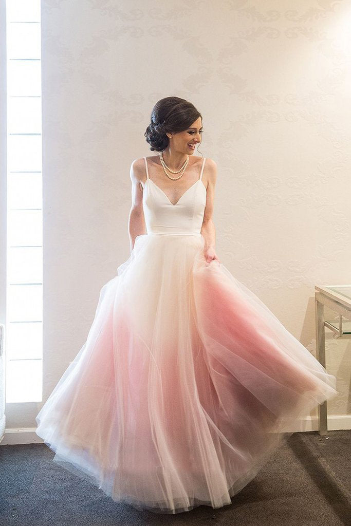 Pink Ombre Puffy Spaghetti Strap Long Prom Dresses, Chic Evening Dress with Belt N1605
