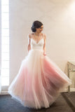 Pink Ombre Puffy Spaghetti Strap Long Prom Dresses, Chic Evening Dress with Belt N1605