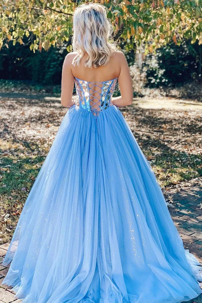 Sparkly Sequins Sweetheart Blue Tulle Formal Prom Dress N2599