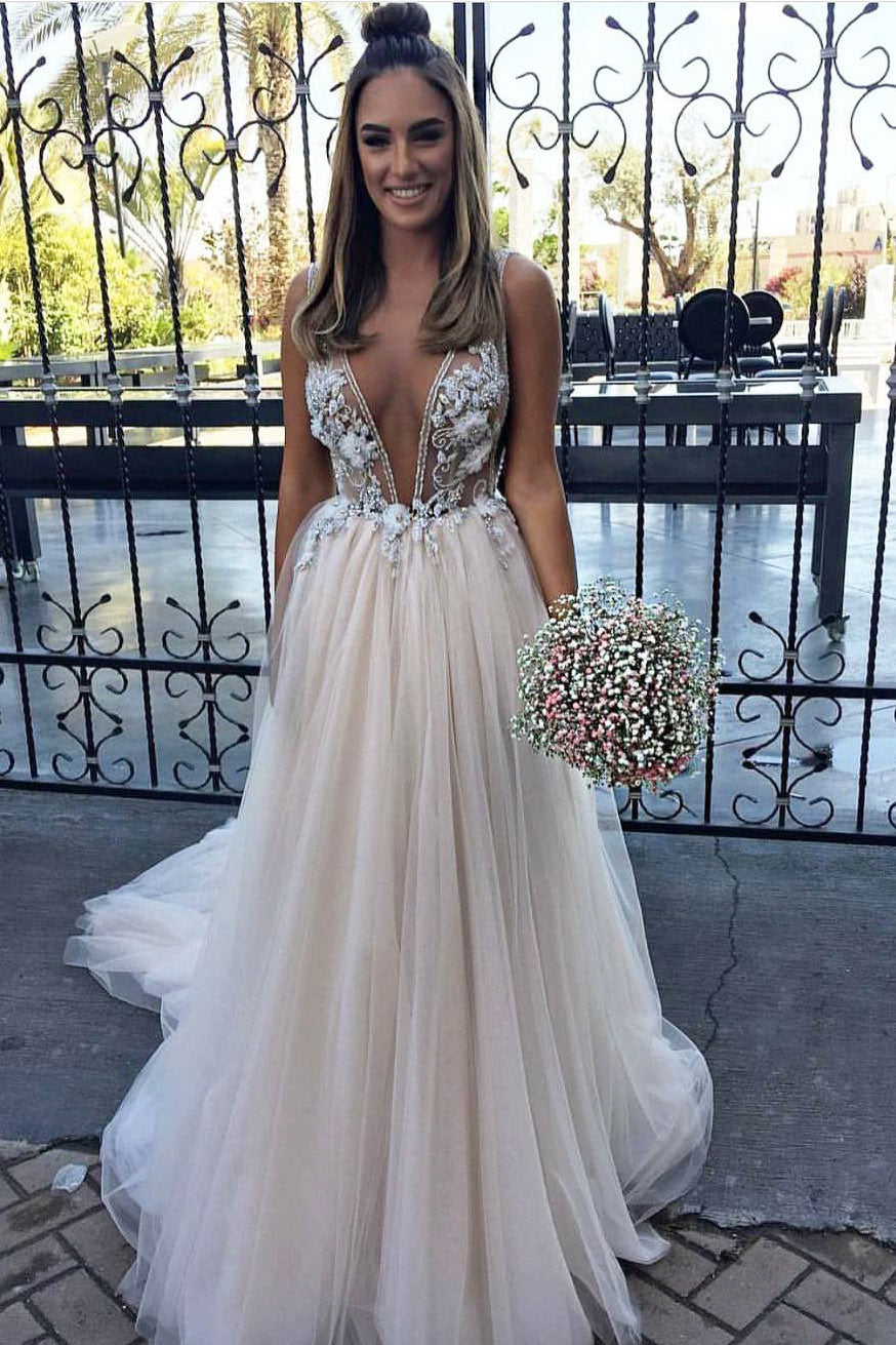 Sexy Deep V Neck Tulle Prom Dresses, Applique Sleeveless Long Graduation Dress N1502