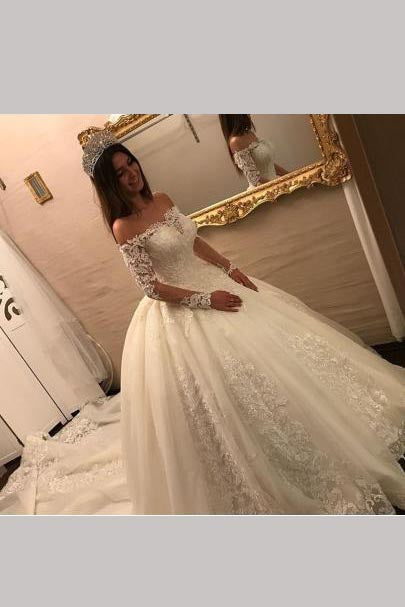 Off the Shoulder Long Sleeve Ball Gown Chapel Train Appliques Wedding Dresses N619