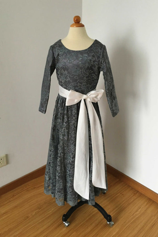 Long Sleeves Charcoal Gray Lace Floor Length Flower Girl Dress with Ivory Sash