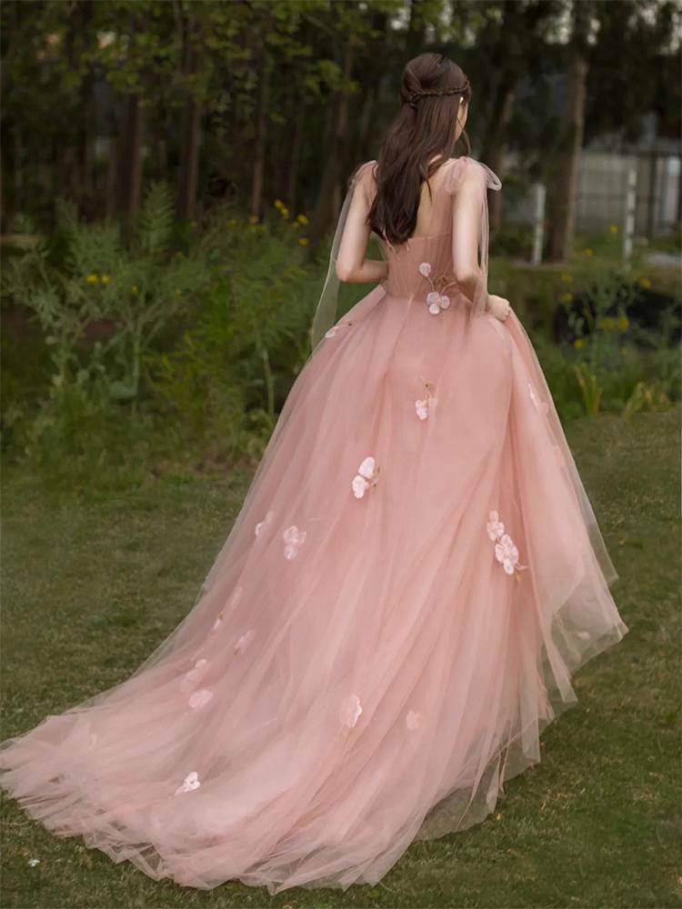 Tulle A Line Pink 3D Flowers Charming Long Evening Gown Prom Dresses
