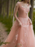 Tulle A Line Pink 3D Flowers Charming Long Evening Gown Prom Dresses