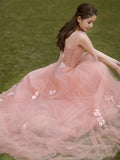 Tulle A Line Pink 3D Flowers Charming Long Evening Gown Prom Dresses