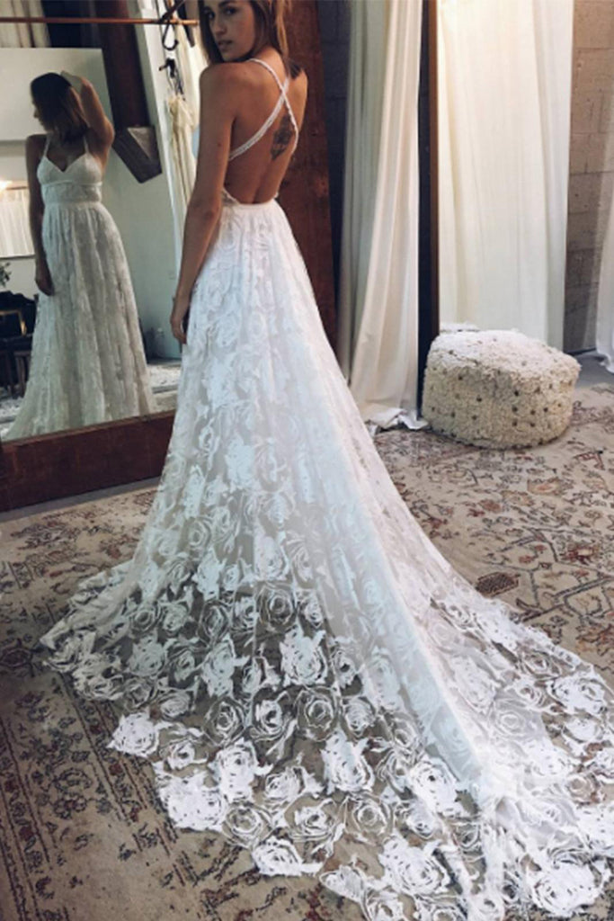 A Line Straps Long Split V-Neck Lace Beach Wedding Dress