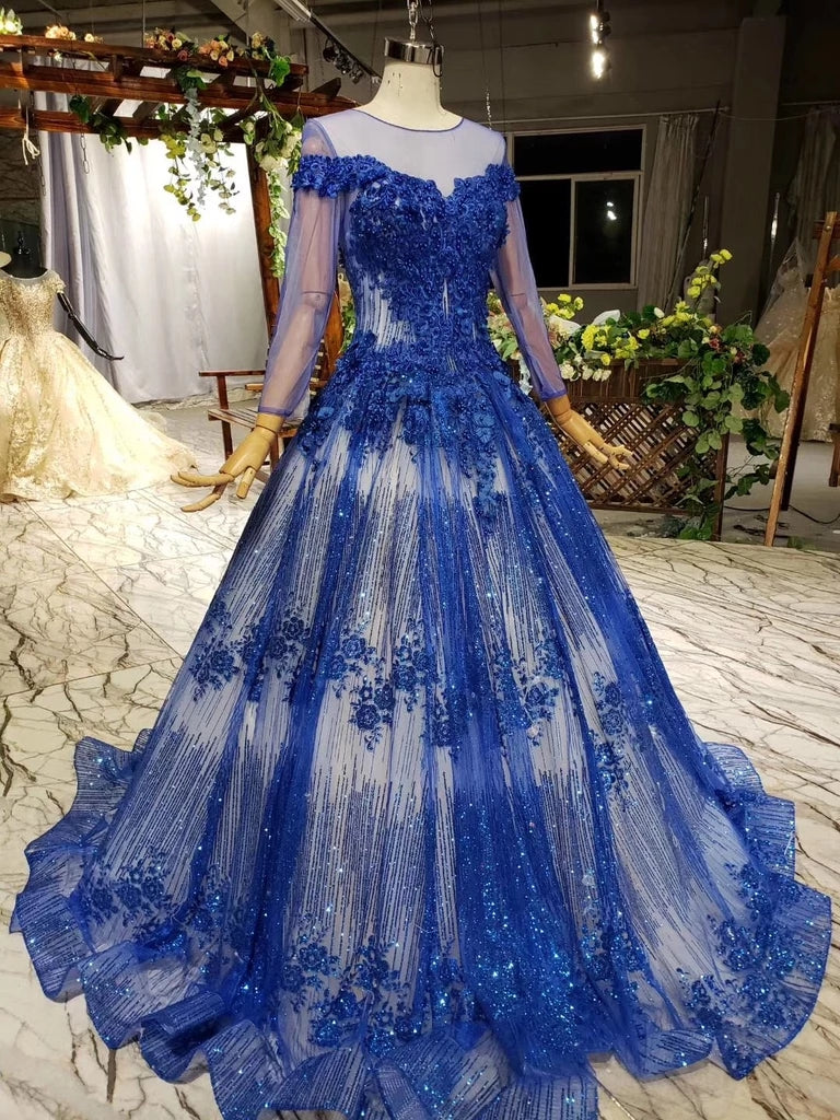 Gorgeous Long Sleeve Sheer Neck Tulle Blue Applique Ball Gown Prom Dresses with Beads N1996