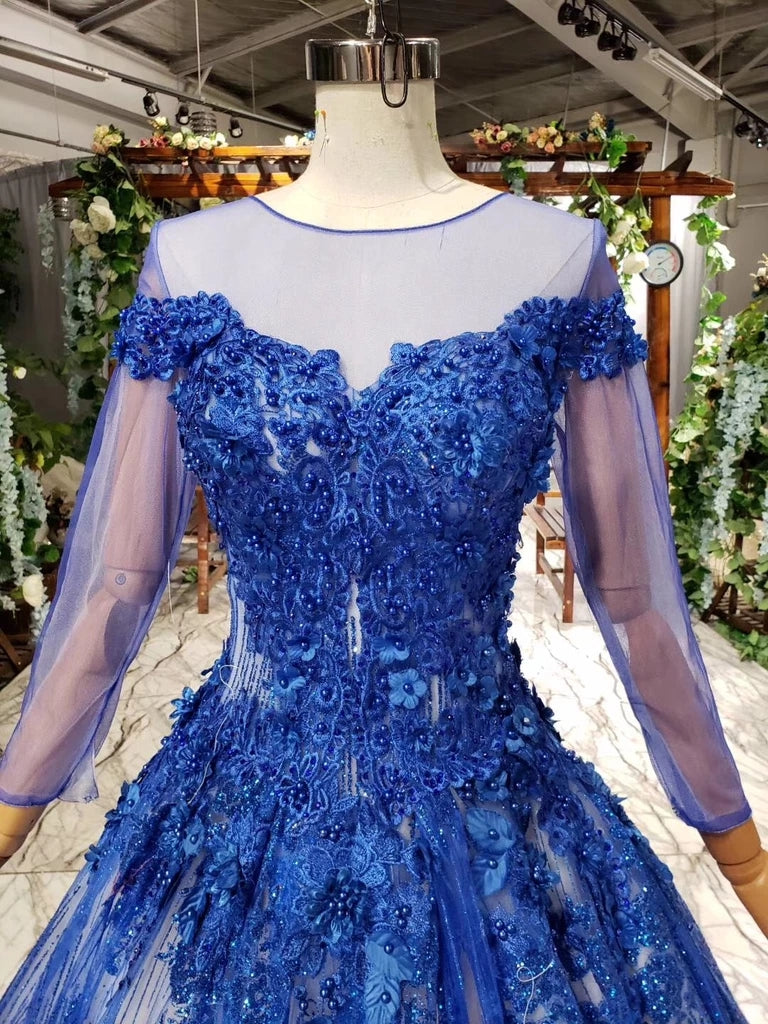 Gorgeous Long Sleeve Sheer Neck Tulle Blue Applique Ball Gown Prom Dresses with Beads N1996