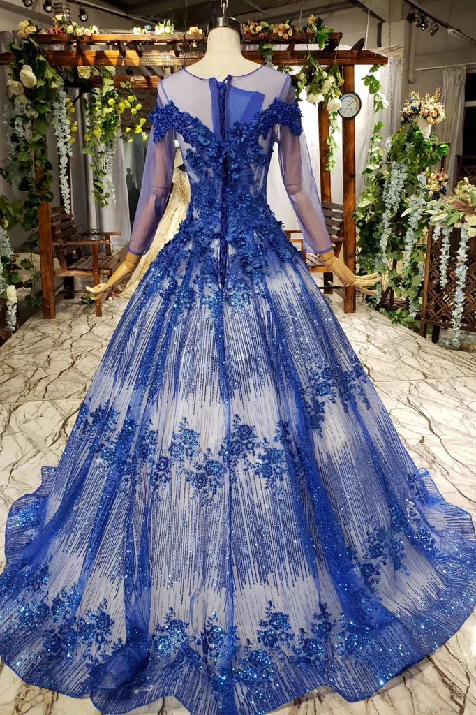 Gorgeous Long Sleeve Sheer Neck Tulle Blue Applique Ball Gown Prom Dresses with Beads N1996
