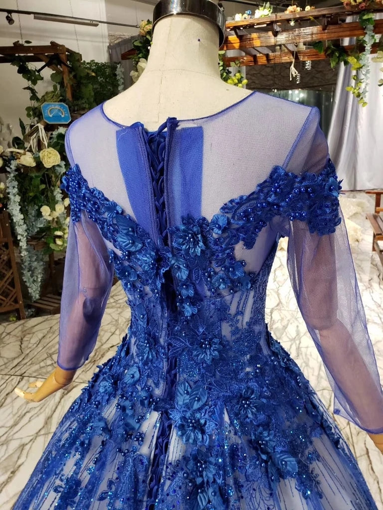Gorgeous Long Sleeve Sheer Neck Tulle Blue Applique Ball Gown Prom Dresses with Beads N1996