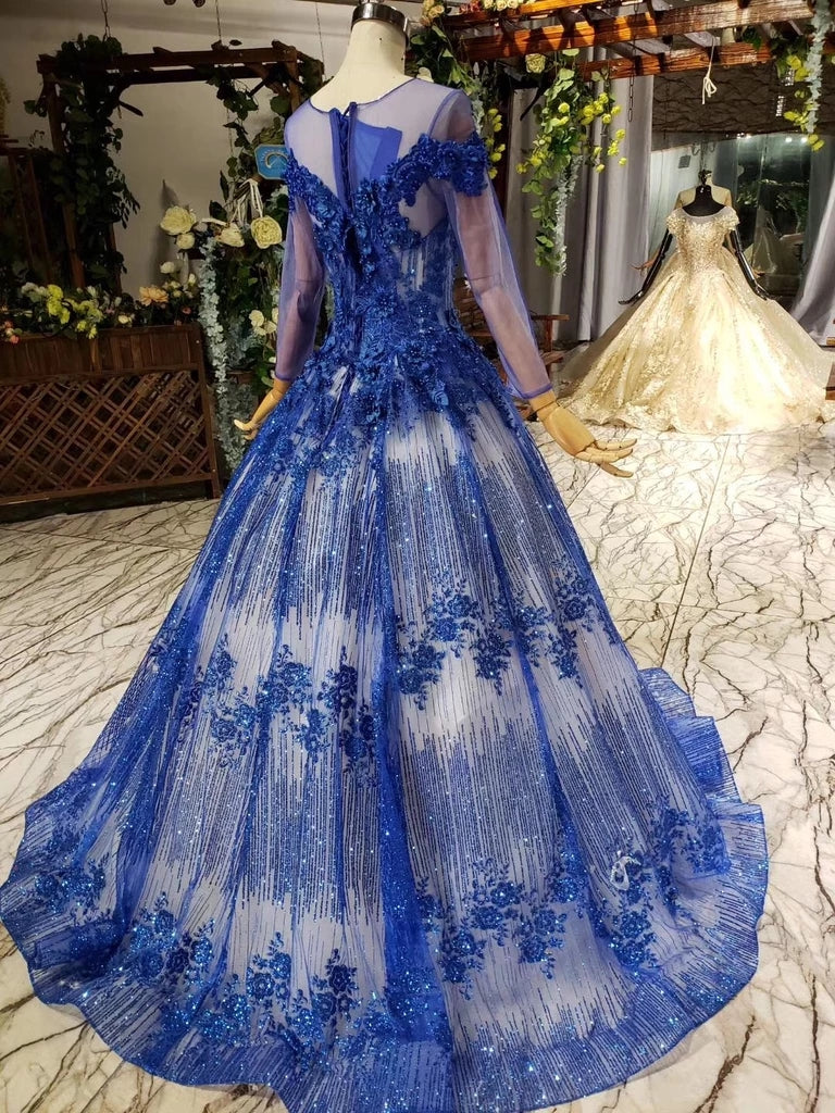 Gorgeous Long Sleeve Sheer Neck Tulle Blue Applique Ball Gown Prom Dresses with Beads N1996