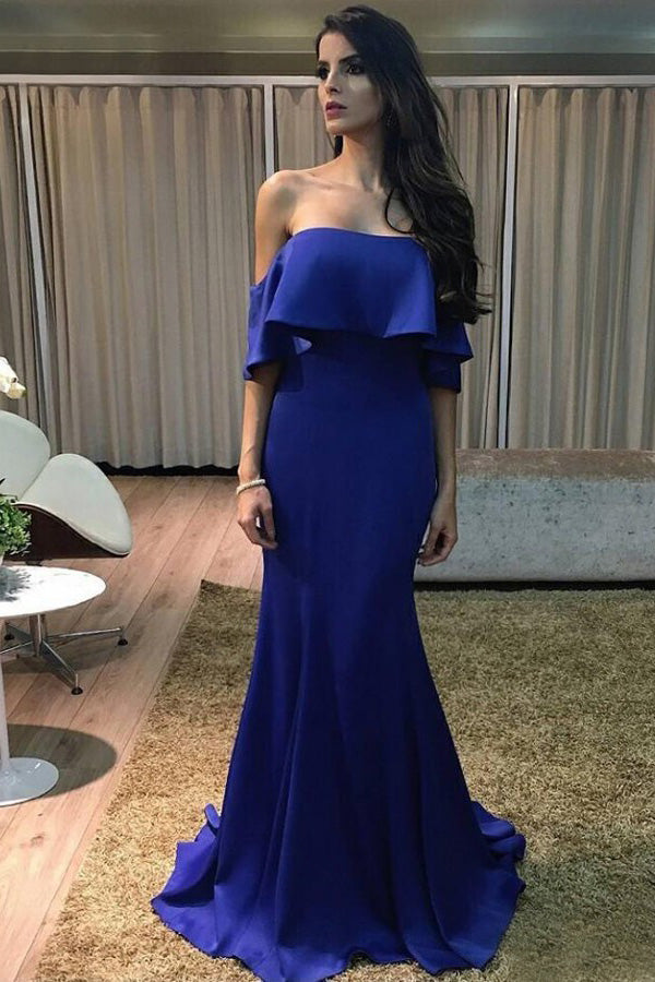 Royal Blue Off the Shoulder Mermaid Sexy Long Prom Dresses N968