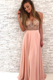 Gorgeous Beaded Prom Dresses, Peach Chiffon Long Prom Dress,V-Neck Party Dress N856