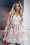 Cute A Line V-Neck Long Sleeves Short Homecoming Dresses with Lace Appliques N1835