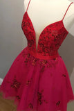 Red Spaghetti Straps V-Neck Tulle Beaded Appliques Homecoming Dress N1984