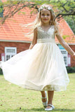 Cute V-Neck Sequins Empire Tulle Sleeveless Flower Girl Dresses Child Dresses F066