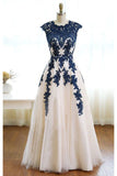 Dark Blue Appliques Ivory Tulle Prom Dress, Floor Length Elegant Evening Dresses