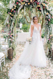 Deep V-Neck Beading Straps Tulle Appliqued Beach Wedding Dress