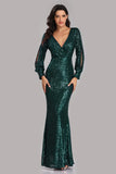 Pretty Long Sleeves V-Neck Mermaid Sequin Long Prom Dresses