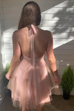 Pink Deep V-Neck Backless Tulle Short Homecoming Dresses