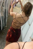 Tight Burgundy Lace Up Short Homecoming Dresses