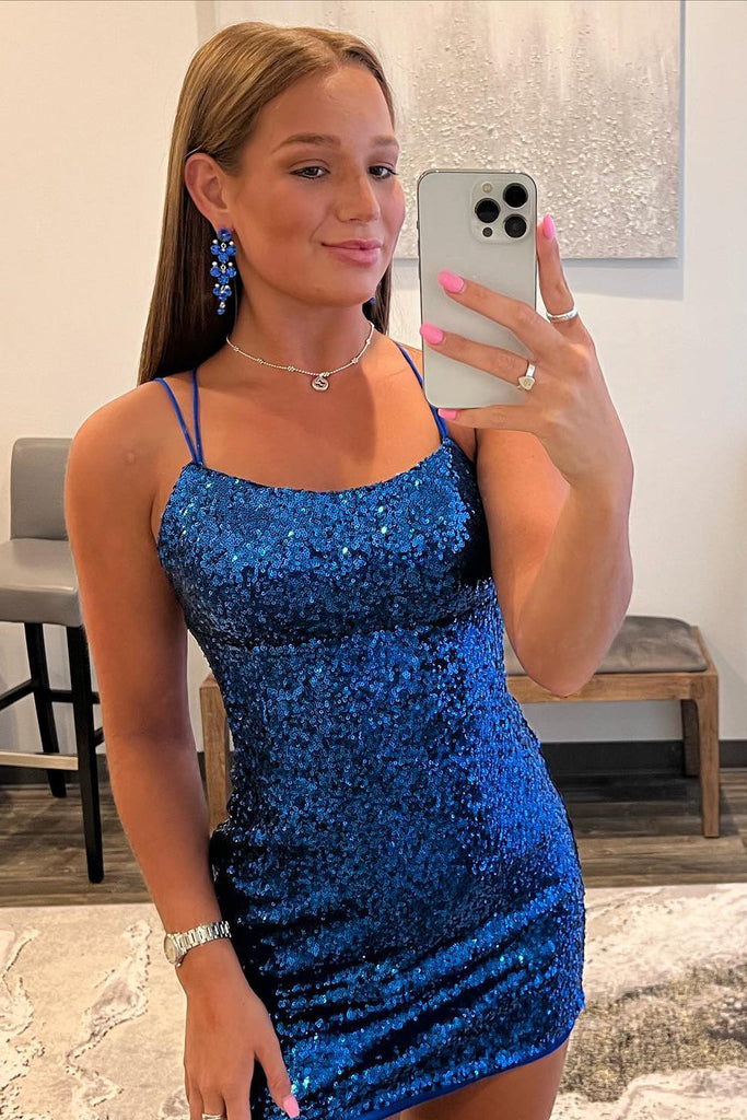 Shiny Blue Sequins Lace Up Short Homecoming Dress