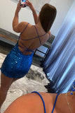 Shiny Blue Sequins Lace Up Short Homecoming Dress
