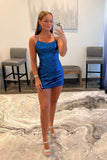 Shiny Blue Sequins Lace Up Short Homecoming Dress