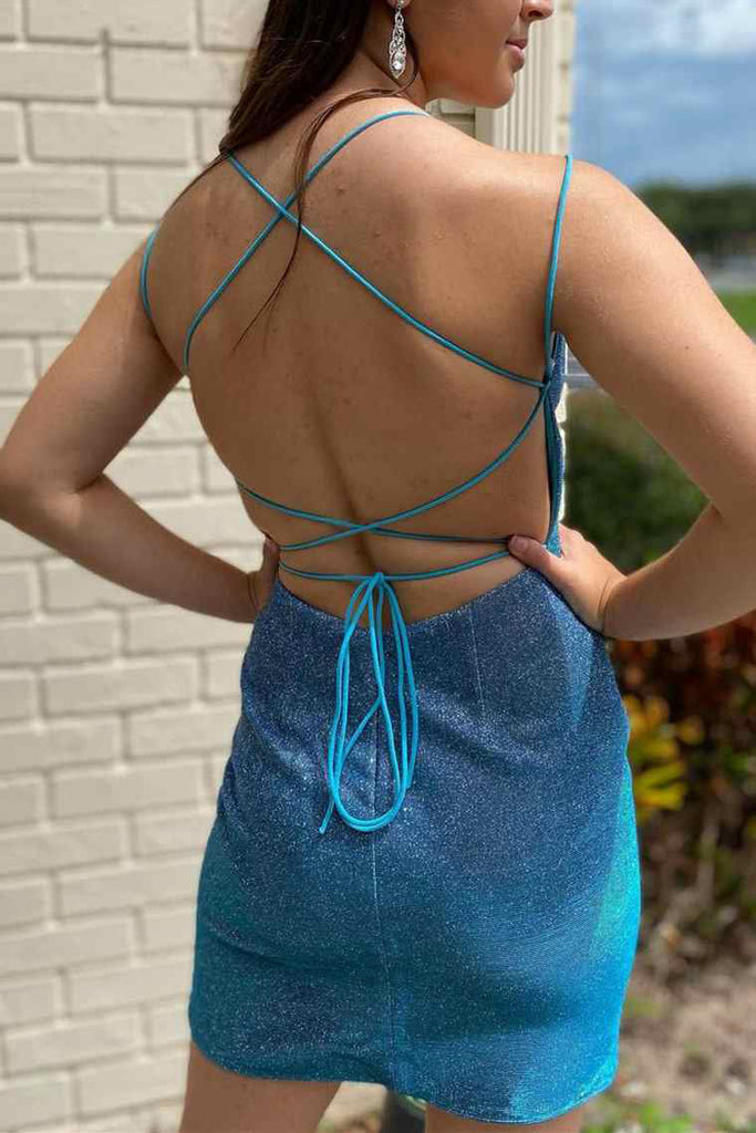 Pretty Spaghetti Straps Backless Blue Lace Up Short Homecoming Dresses