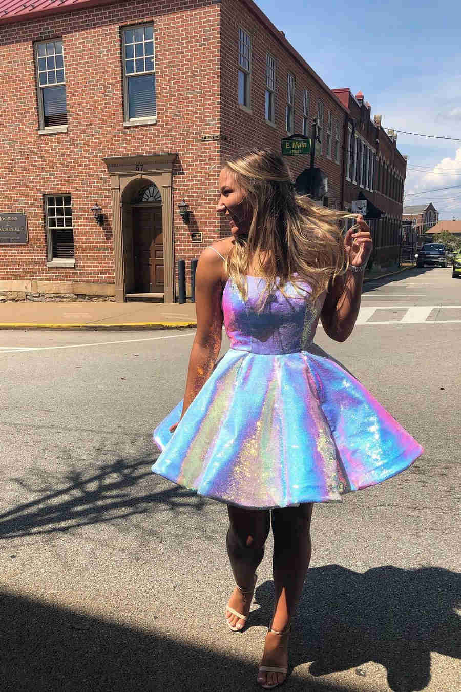 Shiny A Line Spaghetti Strapss Short Prom Dresses Homecoming Dresses