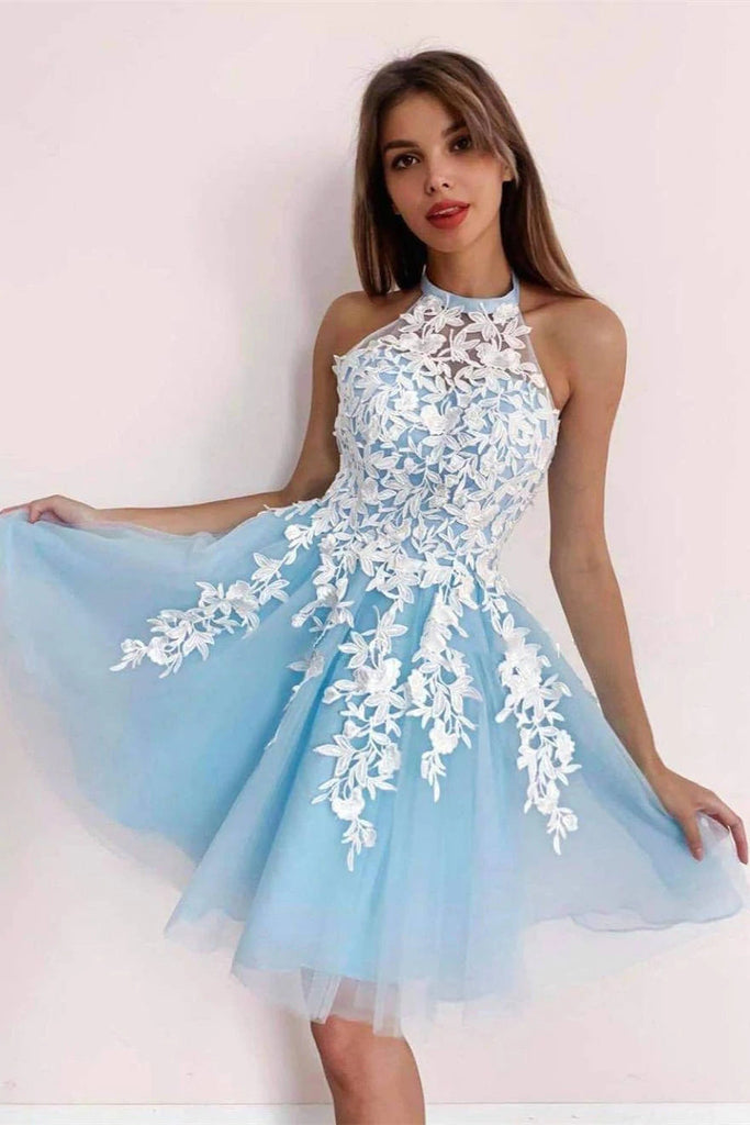 Sky Blue A Line Applique Tulle Short Prom Dresses Homecoming Dresses