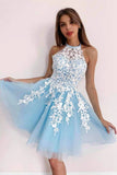 Sky Blue A Line Applique Tulle Short Prom Dresses Homecoming Dresses