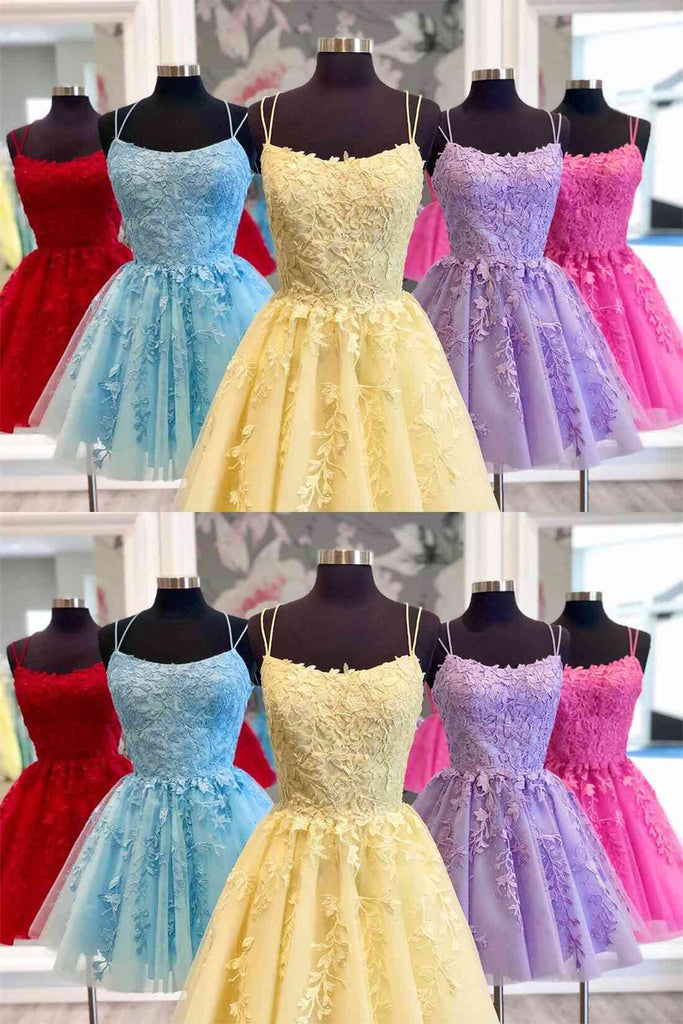 Blue A Line Spaghetti Straps Lace Short Prom Dresses Homecoming Dresses