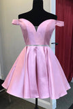A Line Off the Shoulder Pink Homecoming Dresses With Beaded Waist