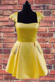 A Line Yellow Cap Sleeves Stain Homecoming Dresses With Pockets