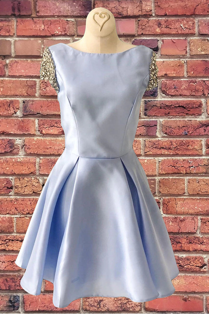 A- Line Blue Round Neck Stain Cap Sleeves Homecoming Dresses