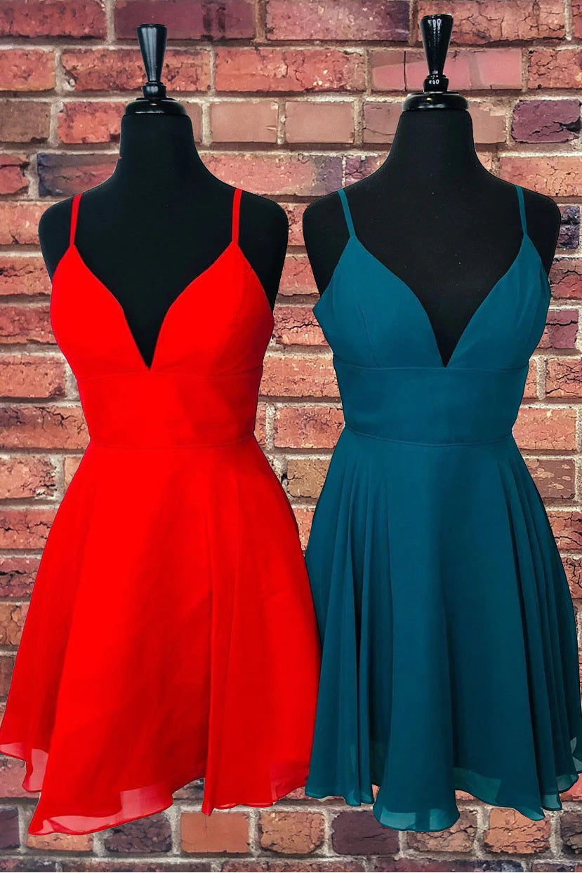 A Line V-Neck Spaghetti Straps Chiffon Short Homecoming Dresses