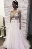 Deep V-Neck Beading Straps Tulle Appliqued Beach Wedding Dress