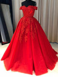 A Line Red Off the Shoulder Lace Appliques Prom Dress N728