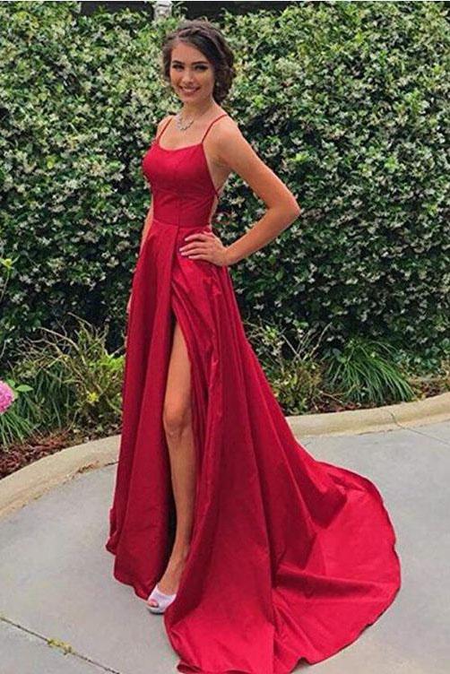 Red Spaghetti Strap Split Formal Dresses Sexy Long Prom Dresses with Side Slit N1614