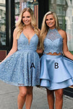 A Line Blue Sleeveless Lace Appliqued Short Homecoming Dress
