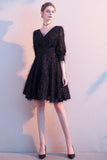 Black Deep V-Neck Half Sleeves A Line Short Homecoming Dresses